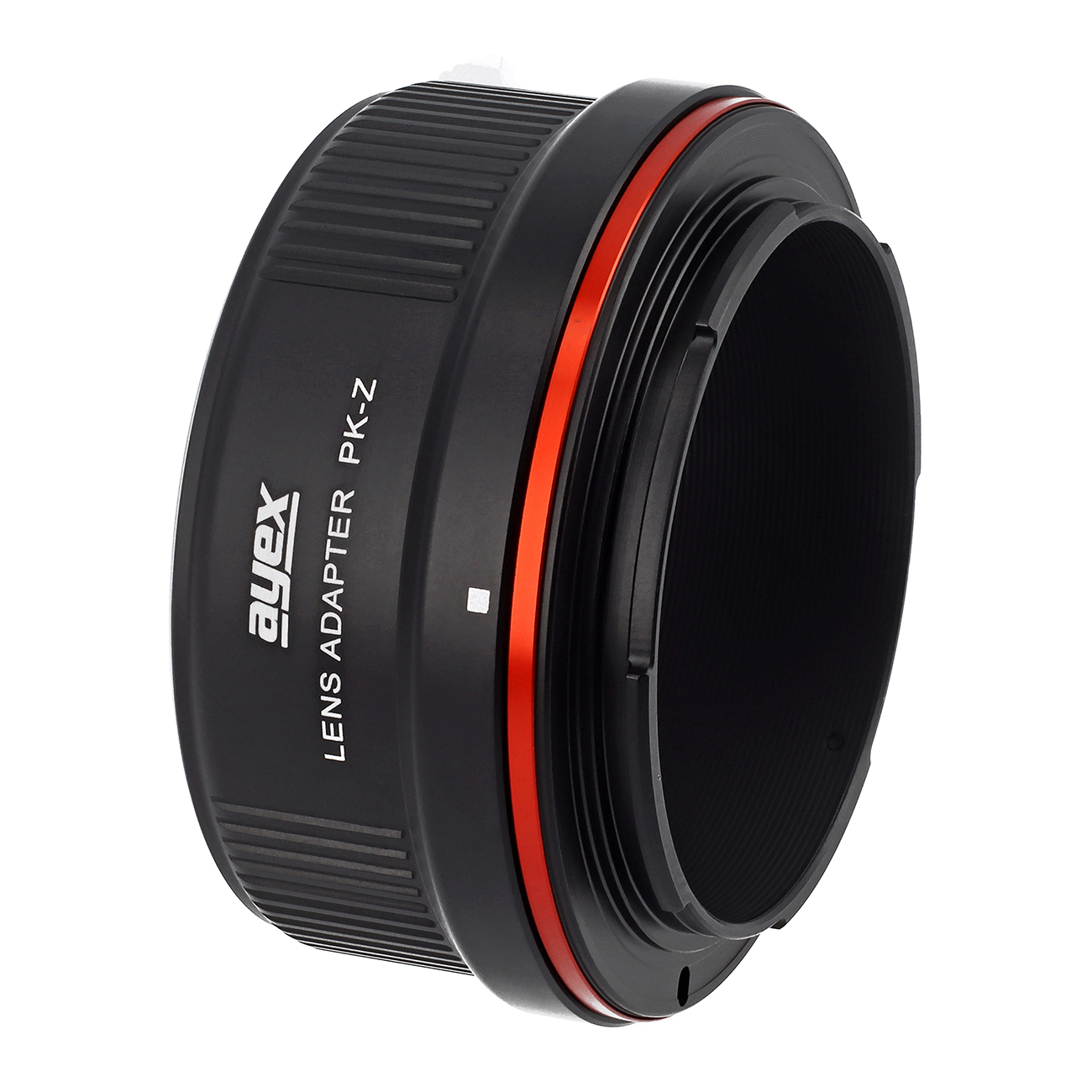 Ein schwarzer Objektivadapter mit rotem Ring und Ayex-Logo.