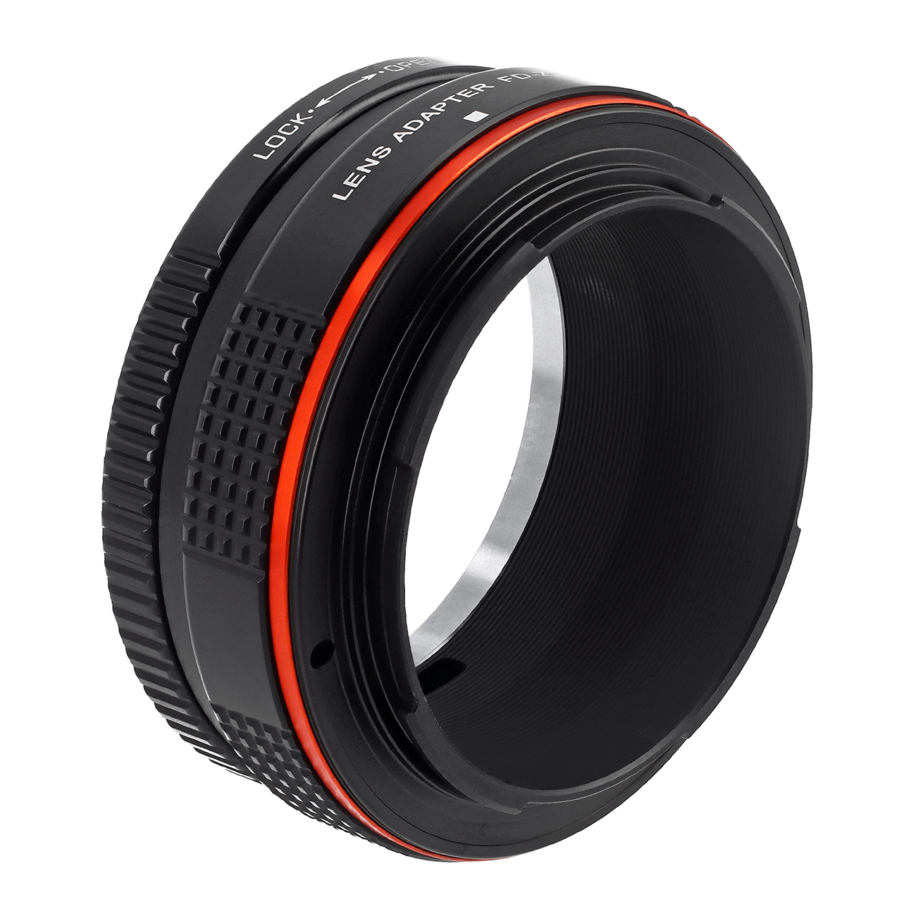 Schwarzer Objektivadapter mit rotem Ring und Beschriftungen wie LOCK und OPEN.