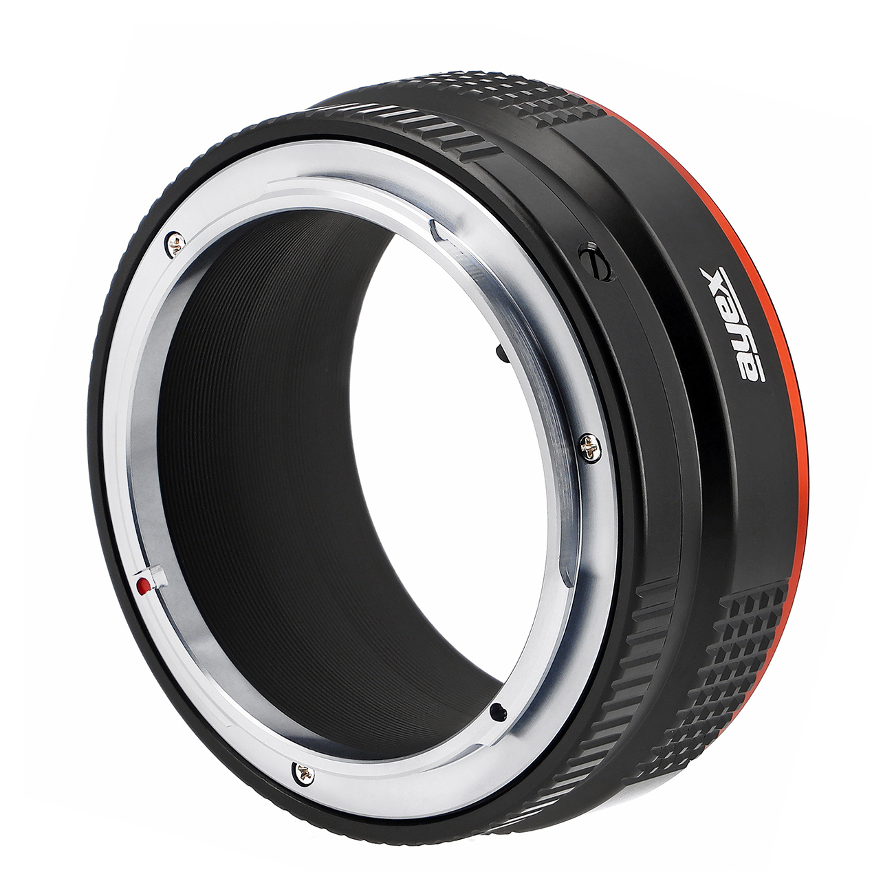 Ein schwarzer Objektivadapter mit silbernem Ring und rotem Akzent.