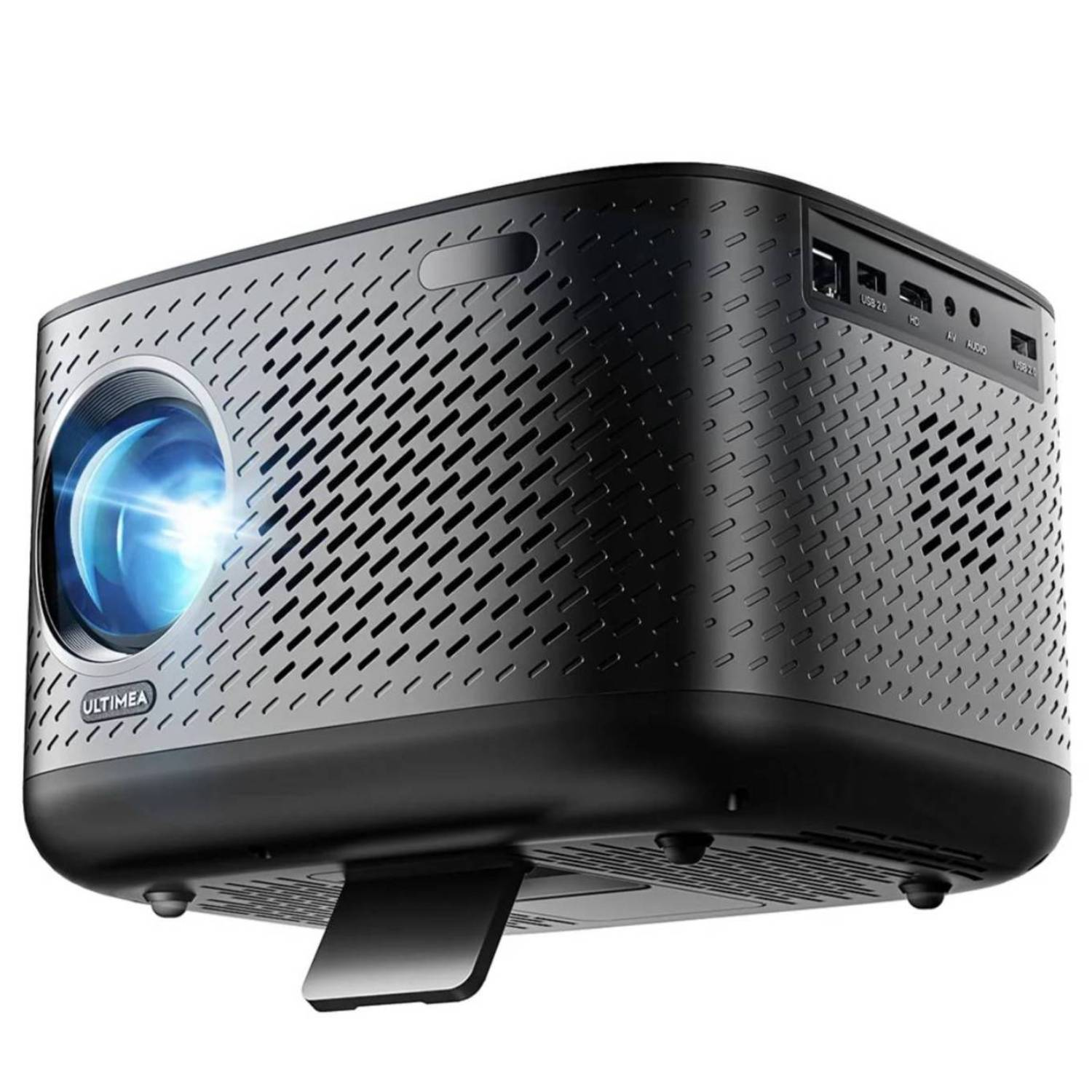 Czarny projektor z otworami wentylacyjnymi i niebieskim snopem światła.