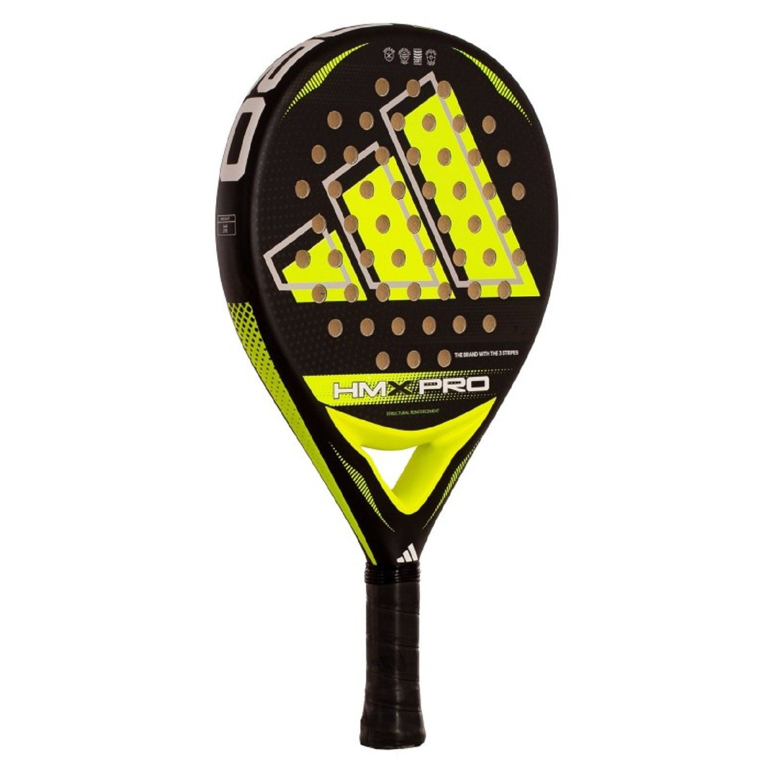 Pala de pádel Adidas negra y amarilla con empuñadura.