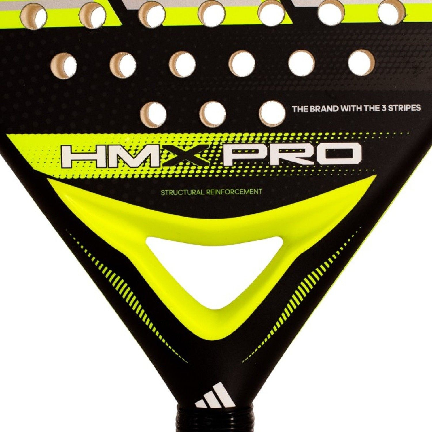 Pala de pádel negra con detalles amarillos, logo HMX PRO y rayas Adidas.