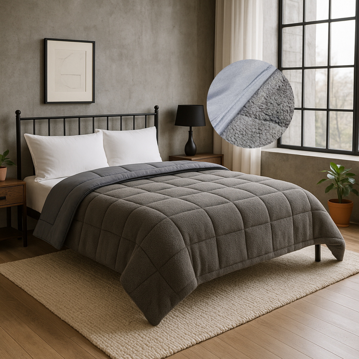 Un edredón Sherpa gris acolchado con almohadas blancas y detalles oscuros.