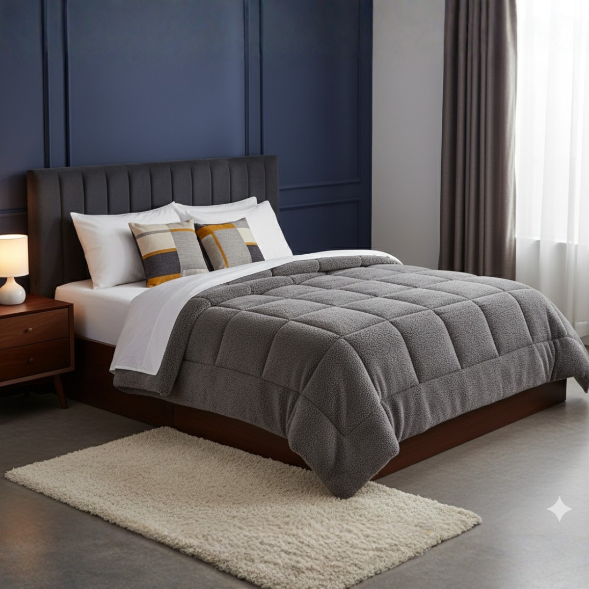 Una cama gris con cojines, edredón y mesita de noche en una habitación azul.