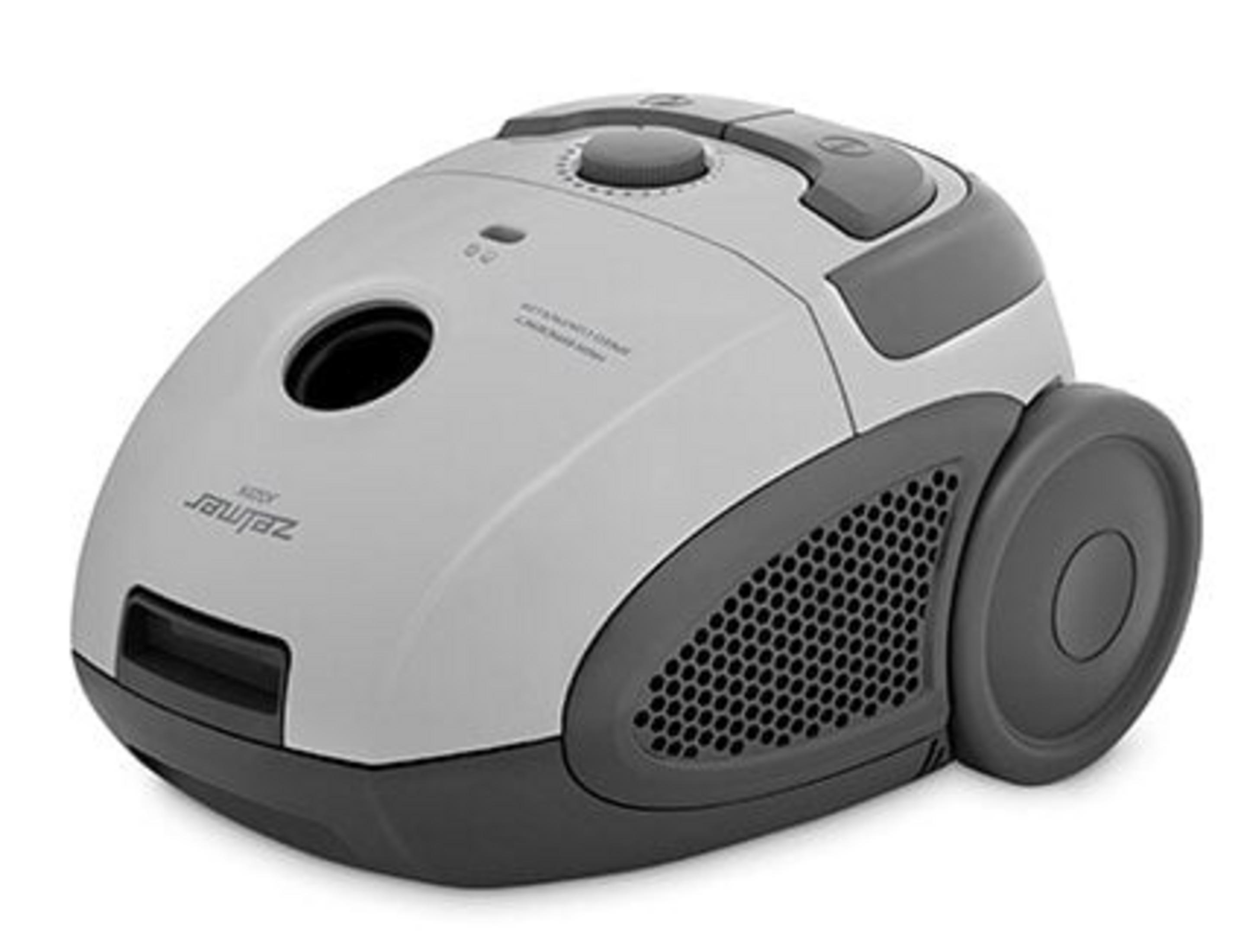 A gray and dark gray vacuum cleaner with a wheel and vent grille.