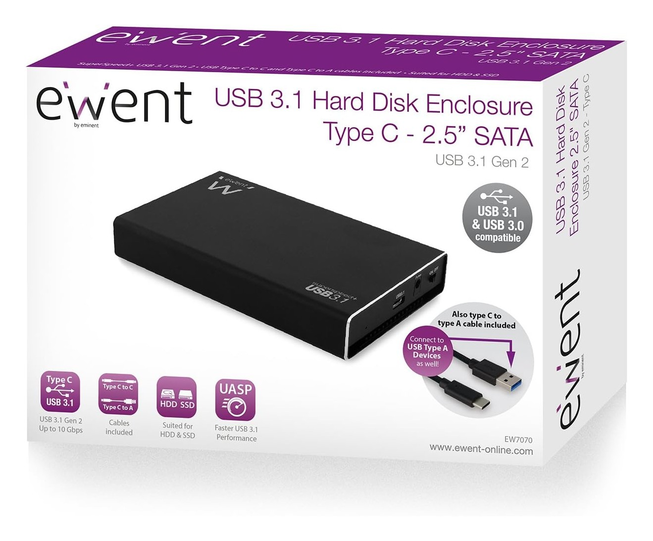 Box esterno Ewent USB 3.1 nero per dischi SATA da 2,5".