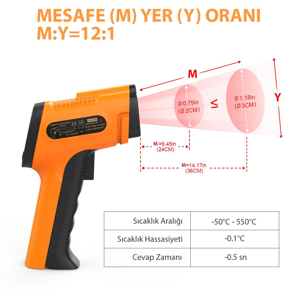 Ölçüm mesafesini ve nokta boyutu oranını (12:1) gösteren şemalı turuncu bir termometre.