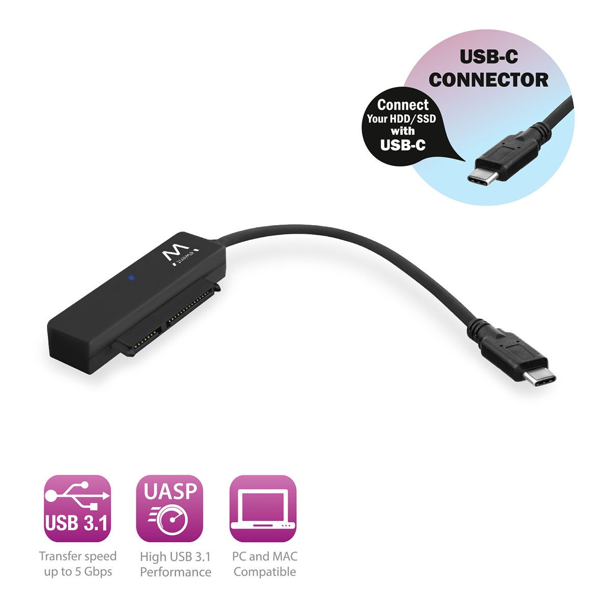 Adattatore SATA a USB-C nero con cavo e connettore per HDD/SSD.