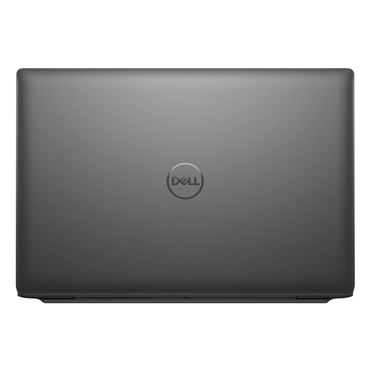 Zamknięty szary laptop Dell z teksturowaną powierzchnią i logo.