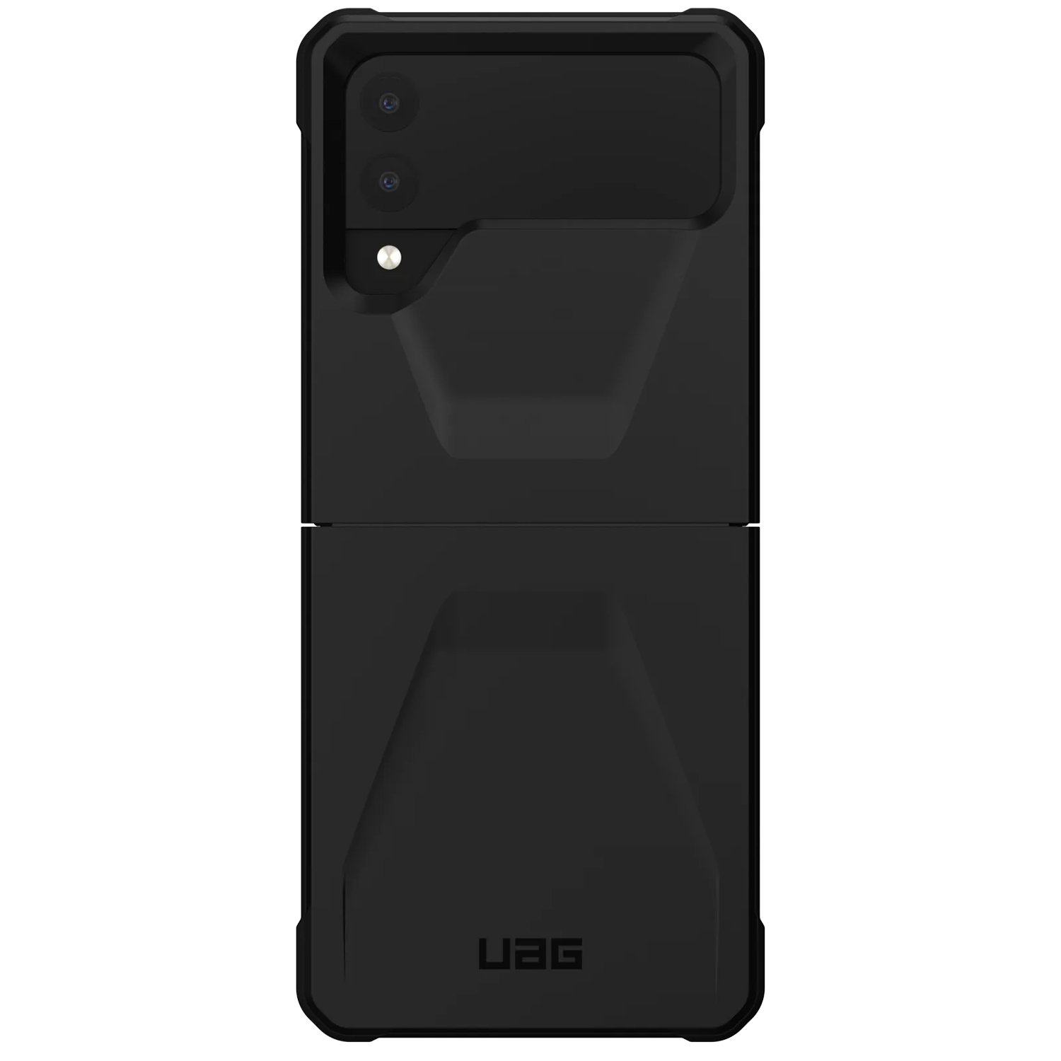 Zwarte flip telefoonhoes met camera's en UAG-logo.