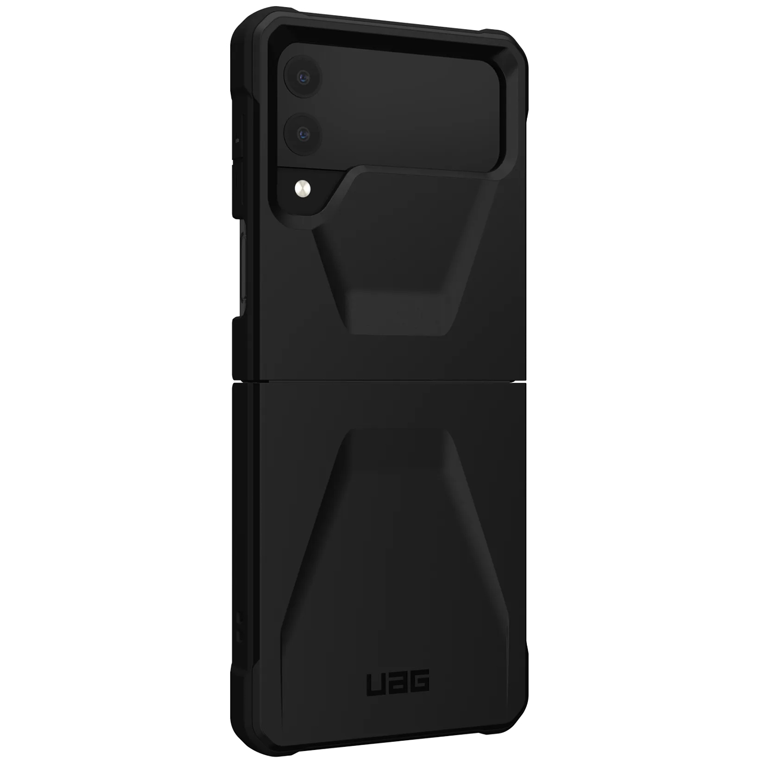 Een zwarte klaptelefoon in een robuuste hoes, met het UAG-logo onderaan zichtbaar.