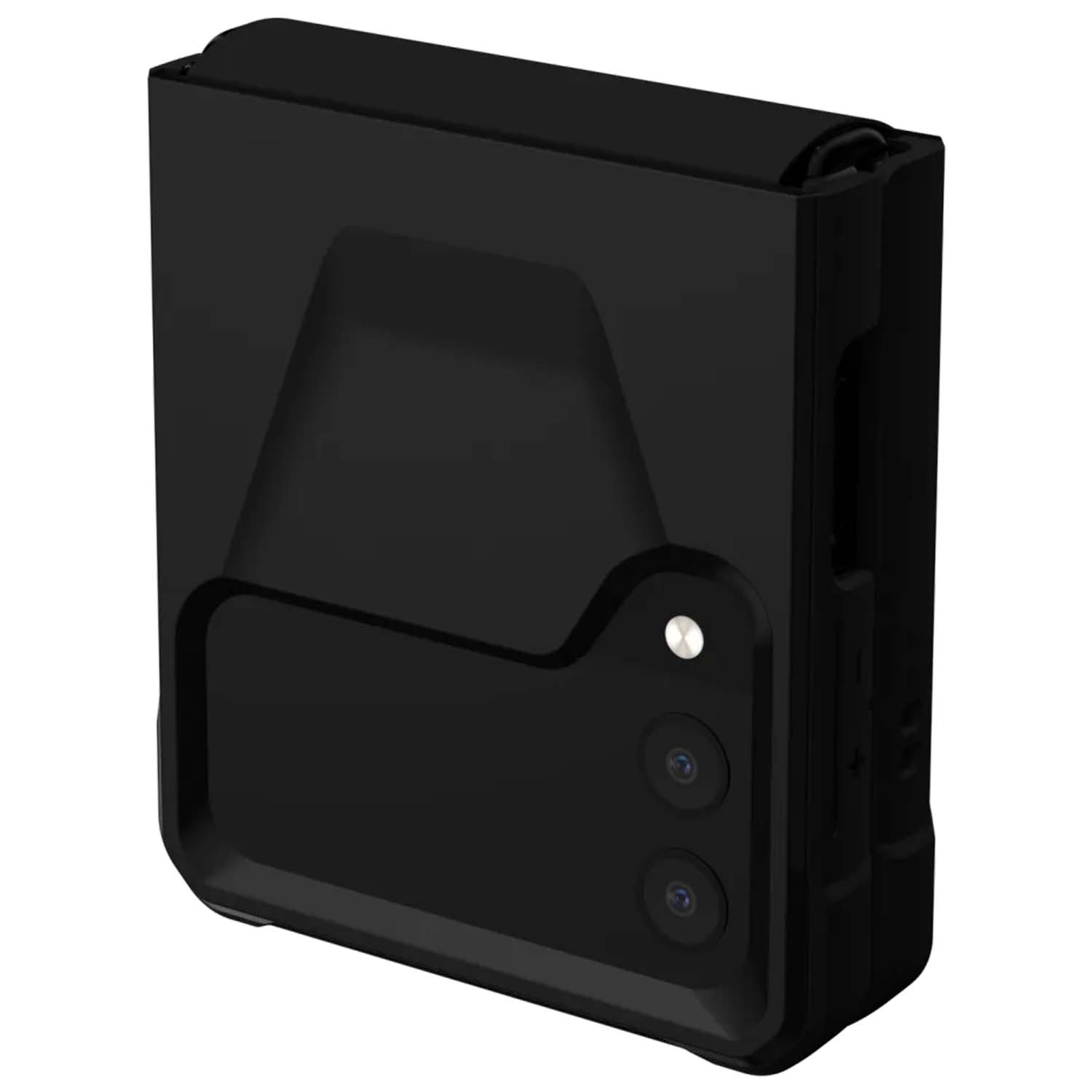 Zwart, compact apparaat met twee camera's en een lichtpunt.