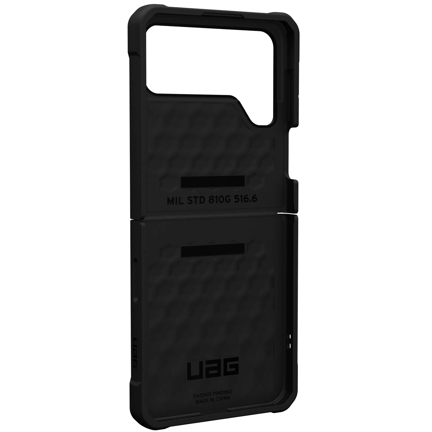 Zwarte, robuuste telefoonhoes met honingraatpatroon en "UAG"-logo.