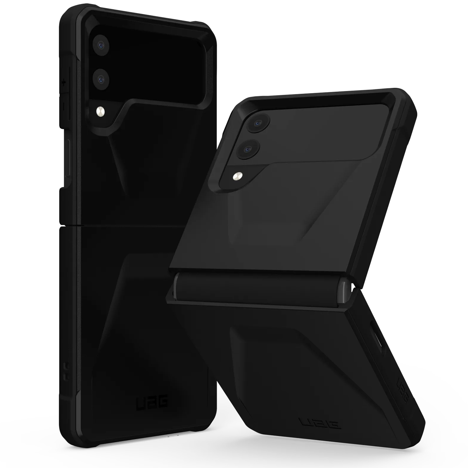 Twee zwarte opvouwbare telefoonhoesjes met camera's op witte achtergrond.