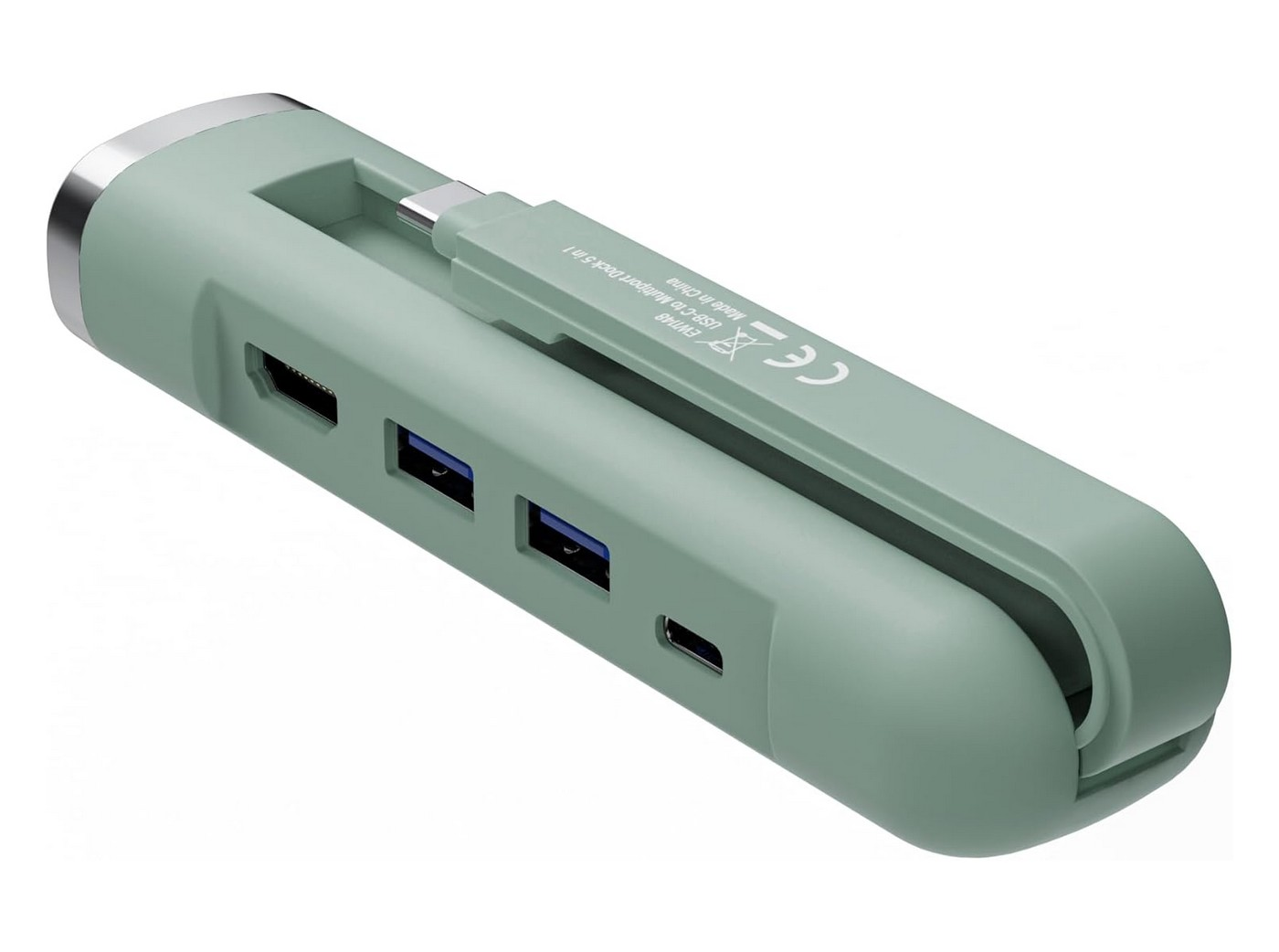 Hub USB-C verde con HDMI, 2 USB-A, 1 USB-C e cappuccio argento.