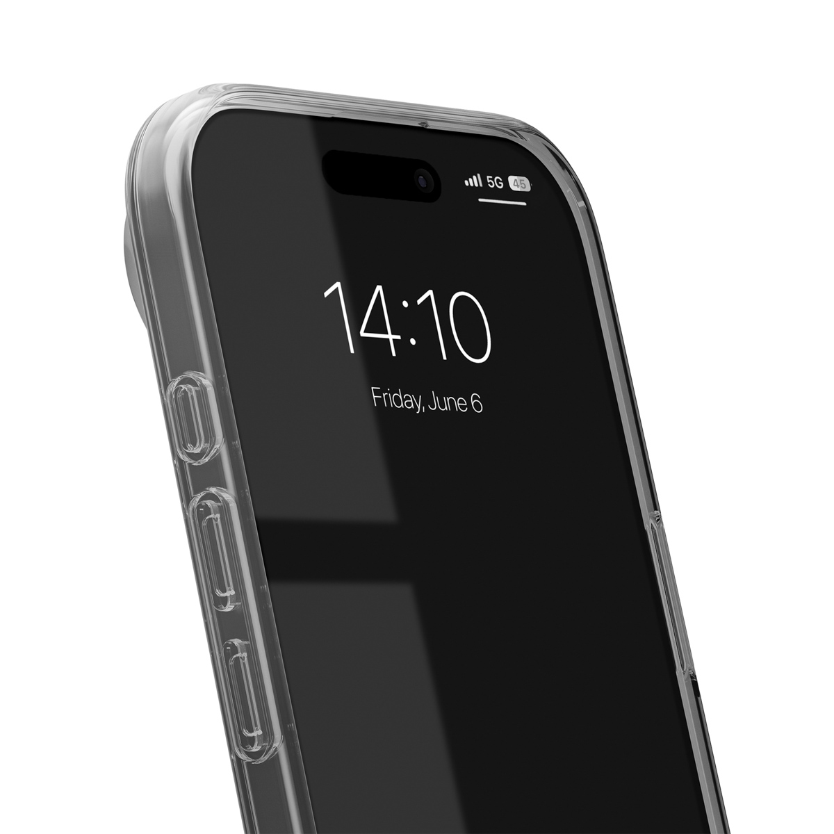 Ein transparentes Handyhülle bedeckt ein Smartphone mit schwarzem Bildschirm.