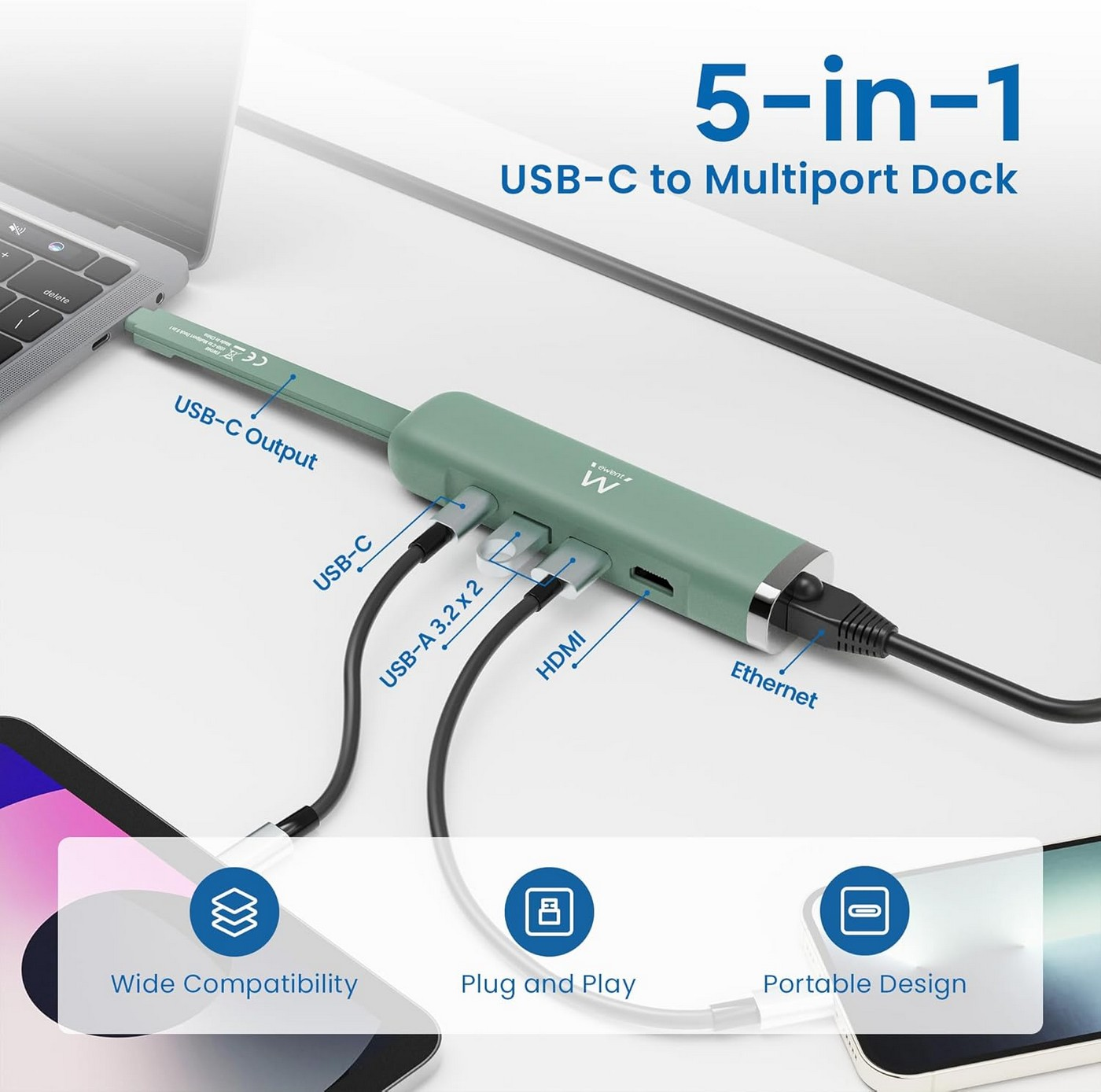 Un hub USB-C verde 5-in-1 si collega a un laptop, con porte HDMI, Ethernet e USB.