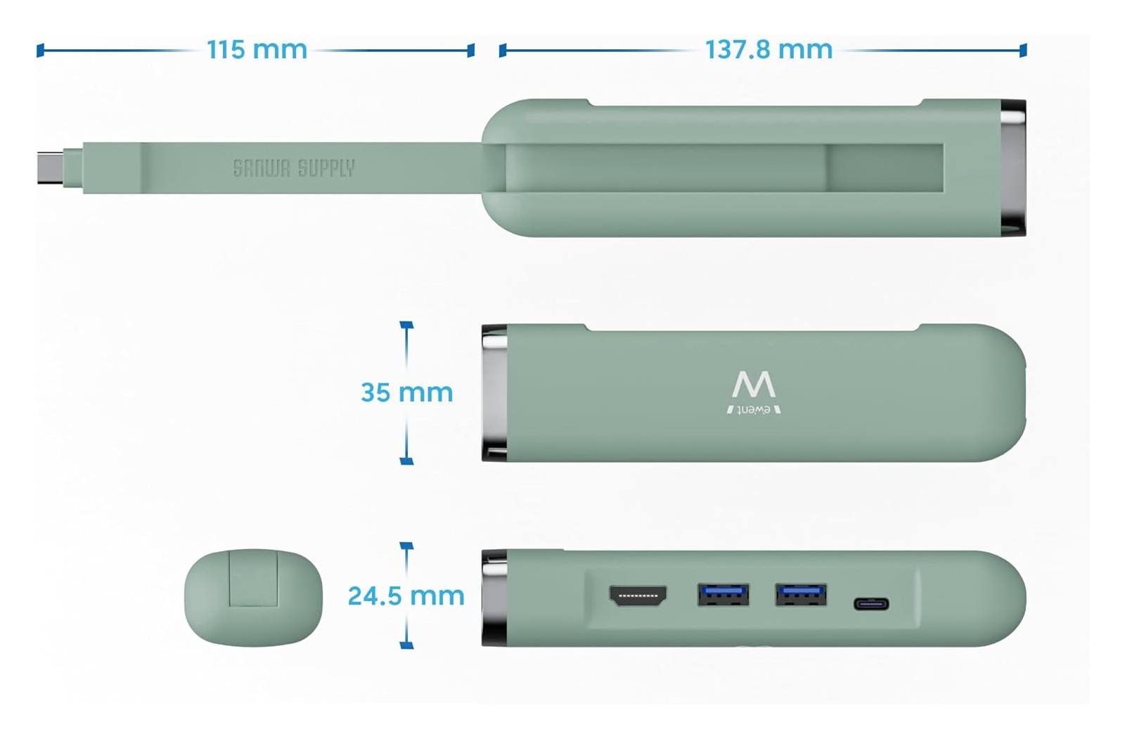 Un hub USB-C verde con porte HDMI, USB-A e USB-C.