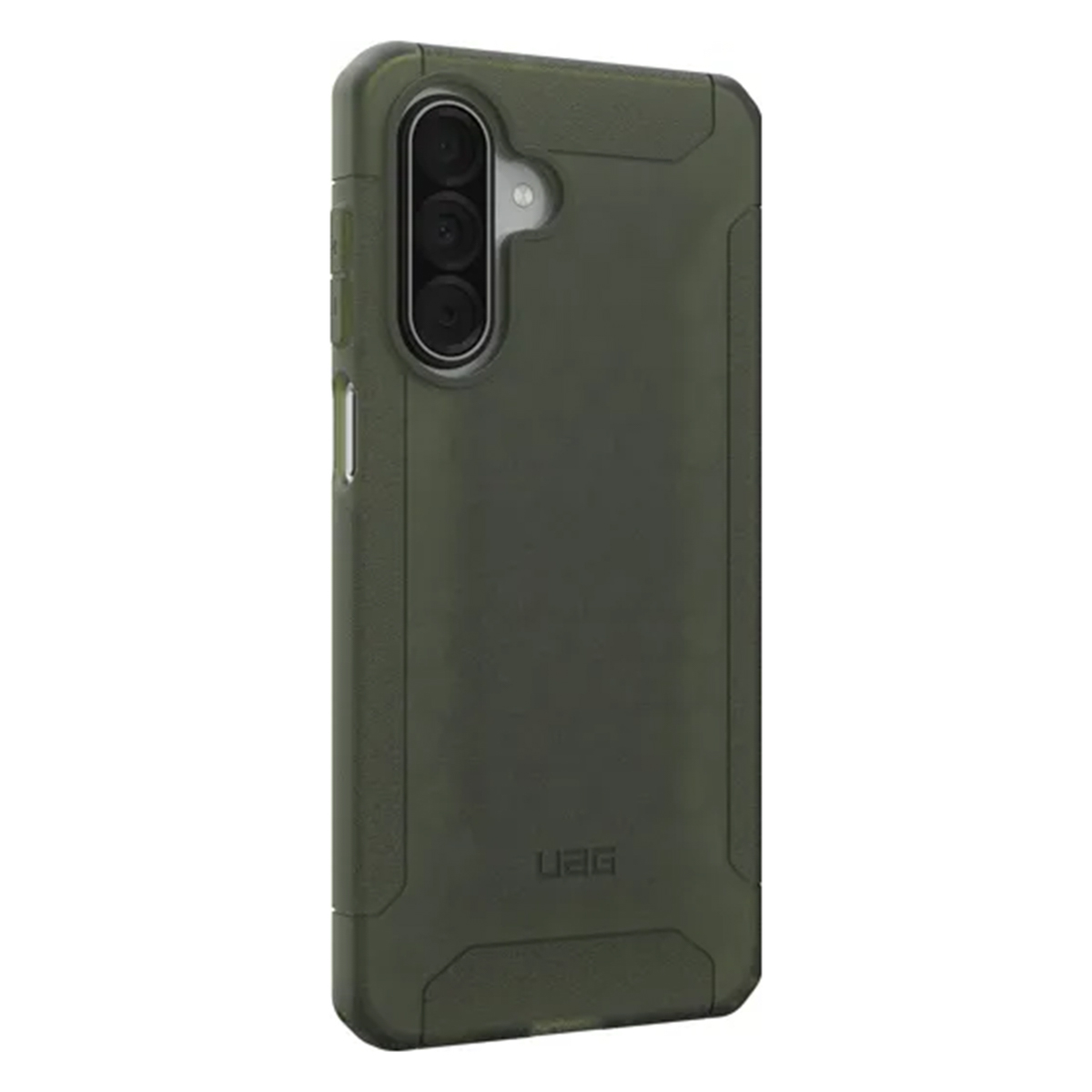 Funda de teléfono verde oscuro con bulto de cámara y logo UAG.