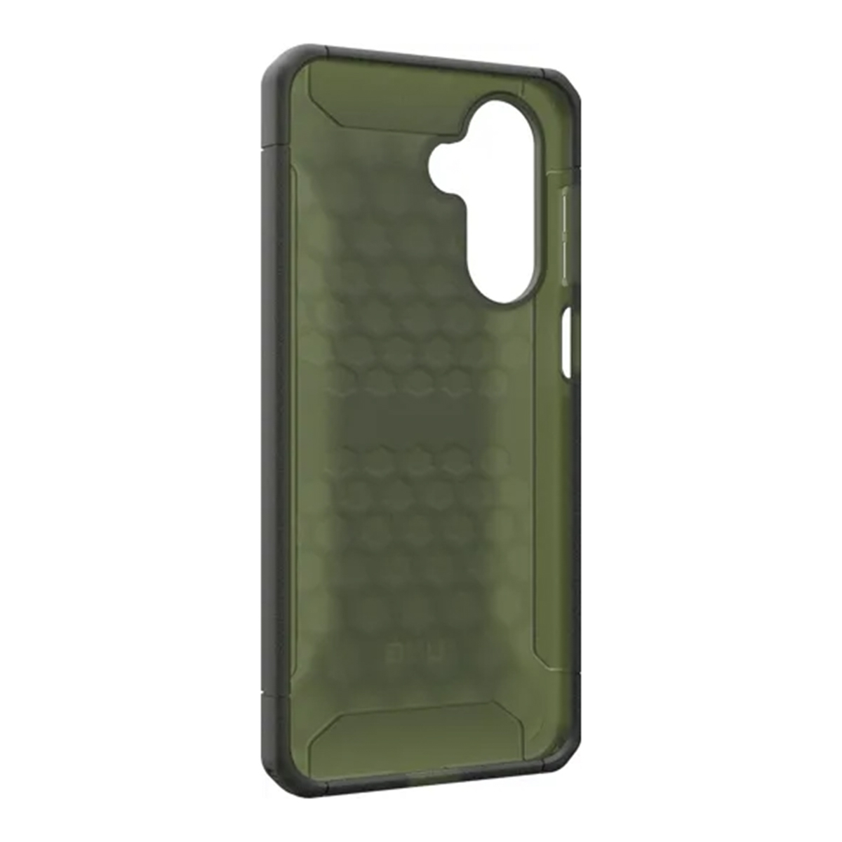 Funda verde para teléfono con patrón de panal y recorte de cámara.