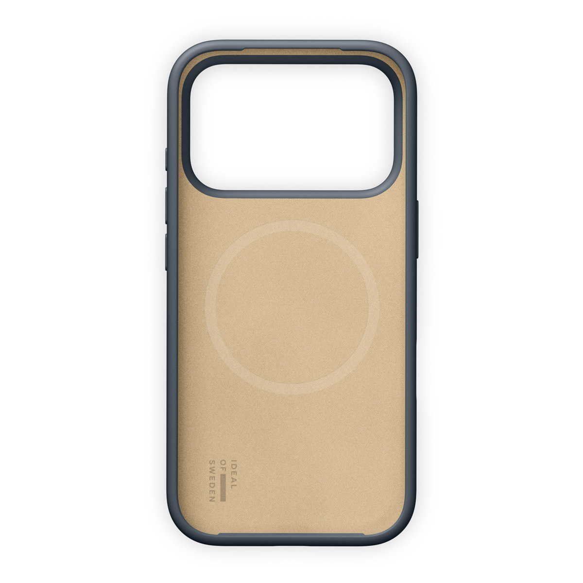 Ein beige Handyhülle mit dunklem Rand und einem Kreis in der Mitte.