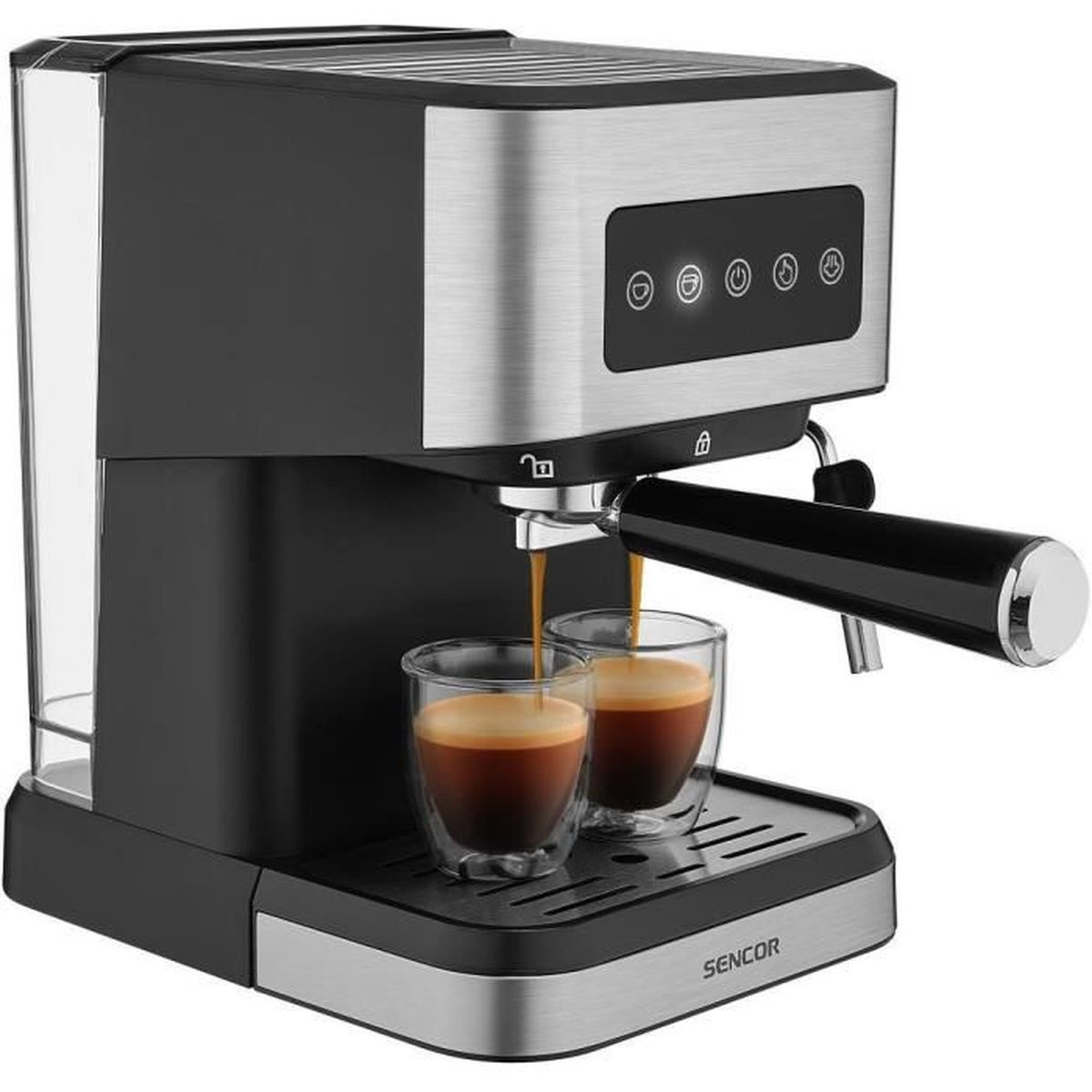 Una macchina per caffè espresso prepara due tazze di caffè, con accenti argento e neri.