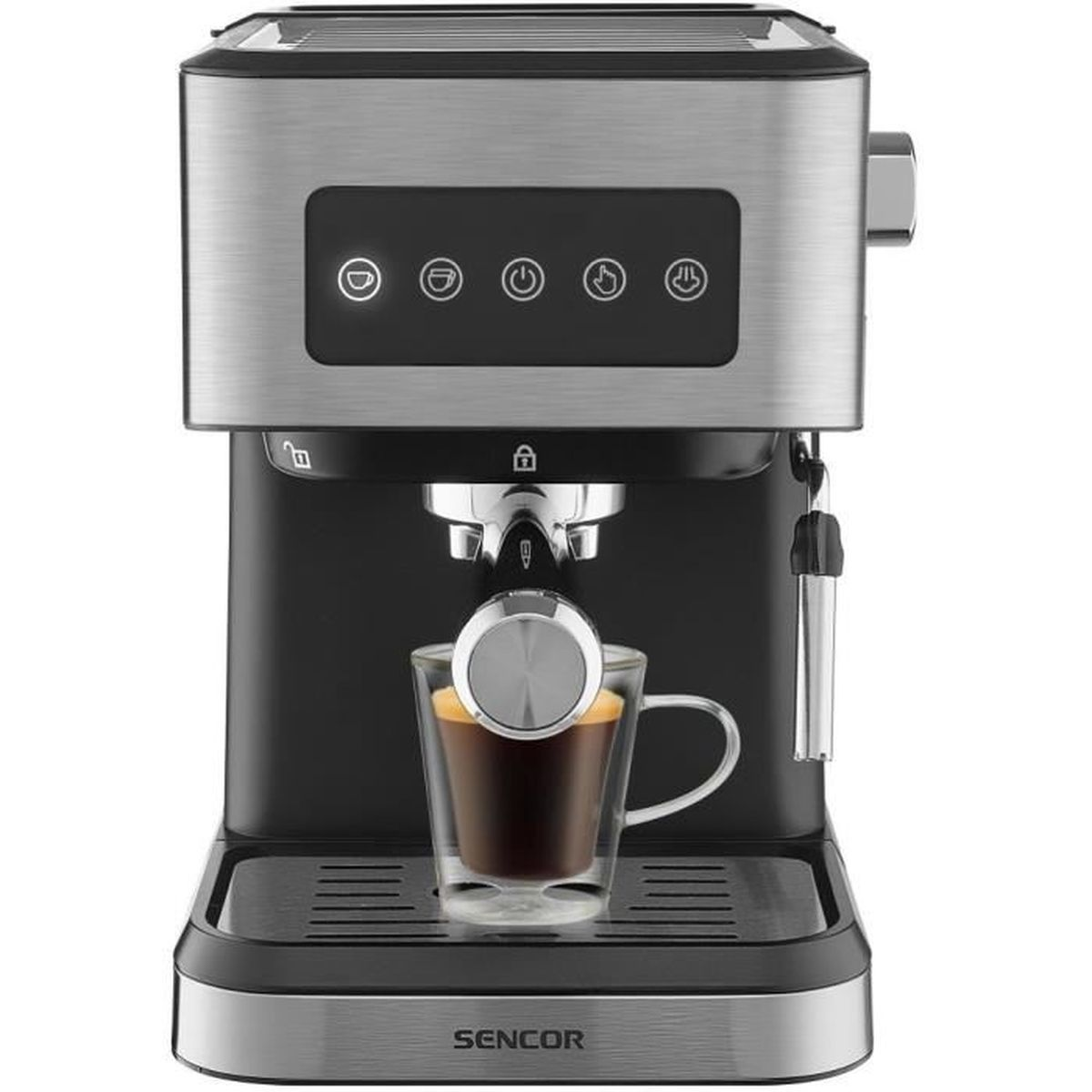Una macchina per espresso Sencor con una tazza di caffè, pronta per l'erogazione.