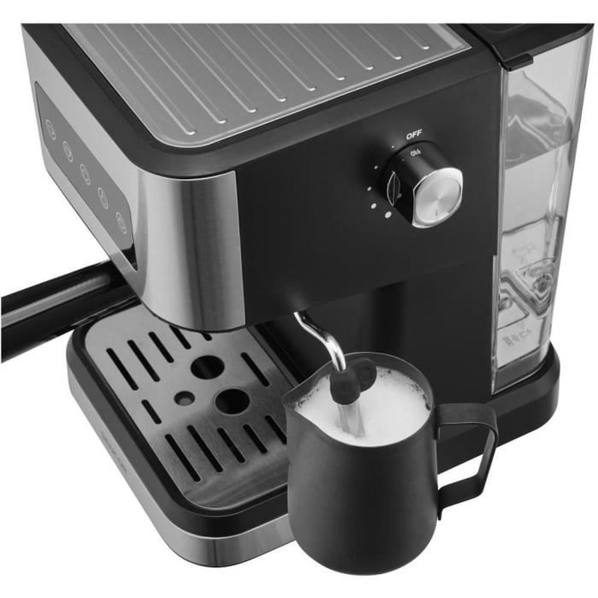 Una macchina per espresso con montalatte, che monta latte caldo in una piccola caraffa.