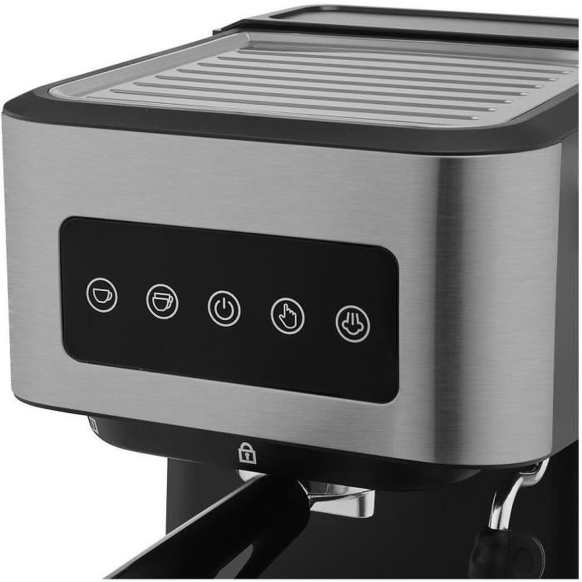 Primo piano di una macchina da caffè con frontale in metallo argentato e pulsanti neri.