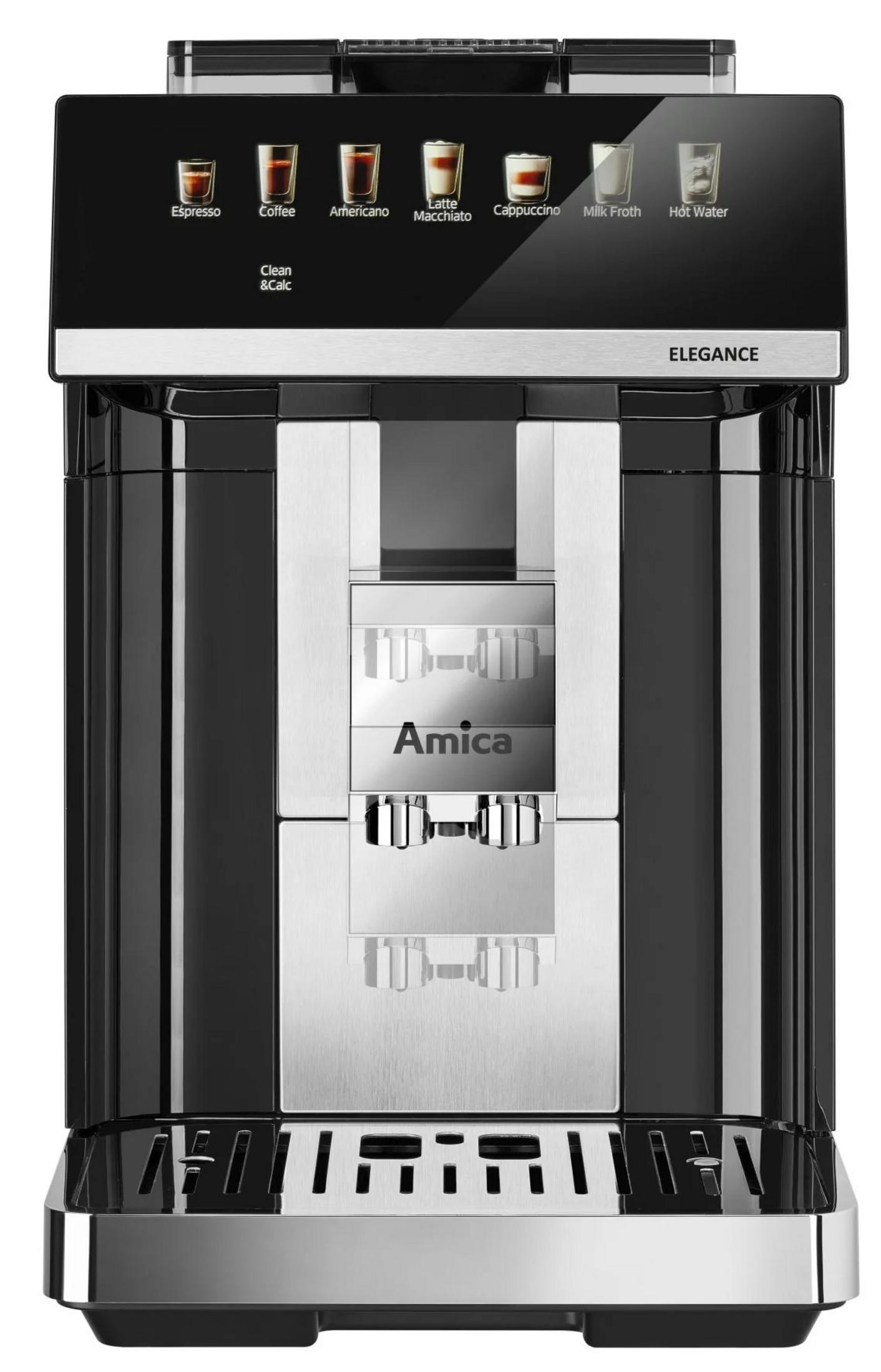 Schwarz-silberne Kaffeemaschine mit Touchscreen-Bedienfeld und Getränkeoptionen.
