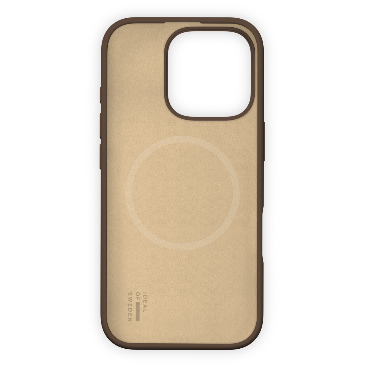 Brown phone case with light center and camera cutout. Logo at bottom.