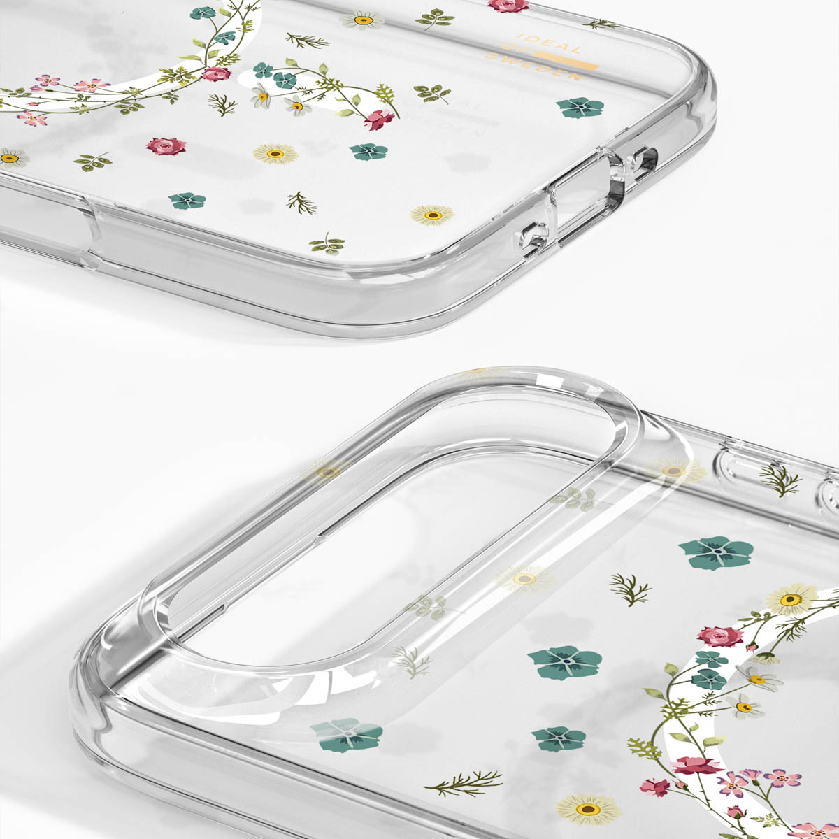 Transparente Handyhülle mit blauen, rosa und gelben Blumen.