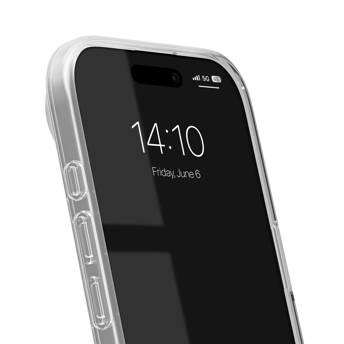 Ein transparentes Handygehäuse mit einem Smartphone-Bildschirm, der 14:10 Uhr anzeigt.