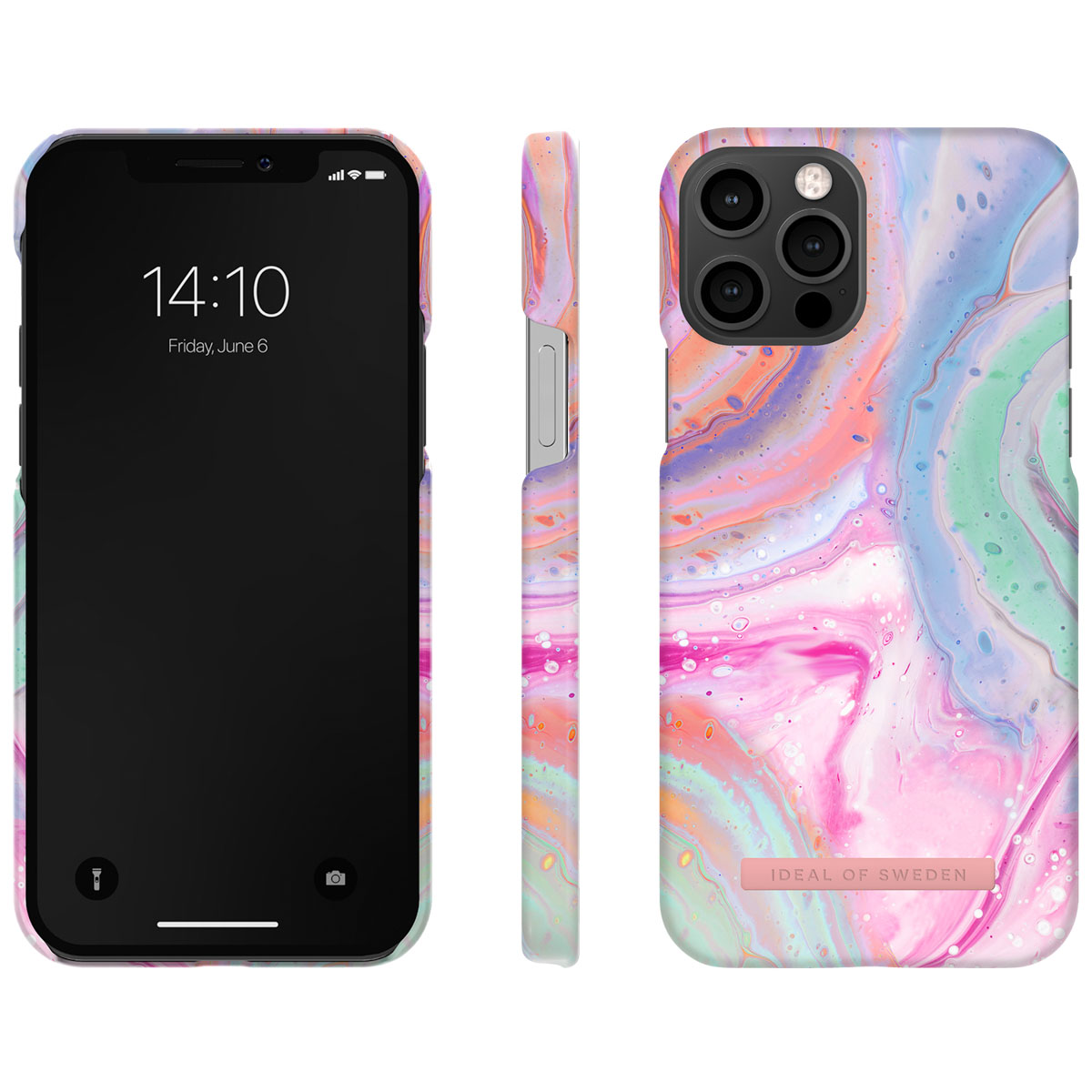 Ein iPhone mit Marmormuster-Hülle, Vorderseite und Seitenansicht.