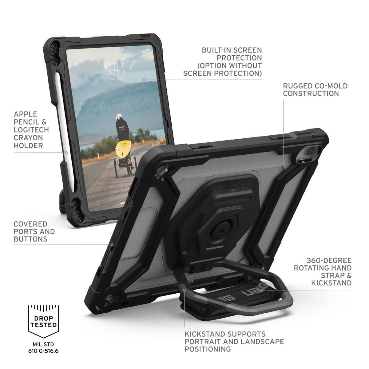 Czarne etui na tablet z podstawką, uchwytem na ołówek i solidną konstrukcją.