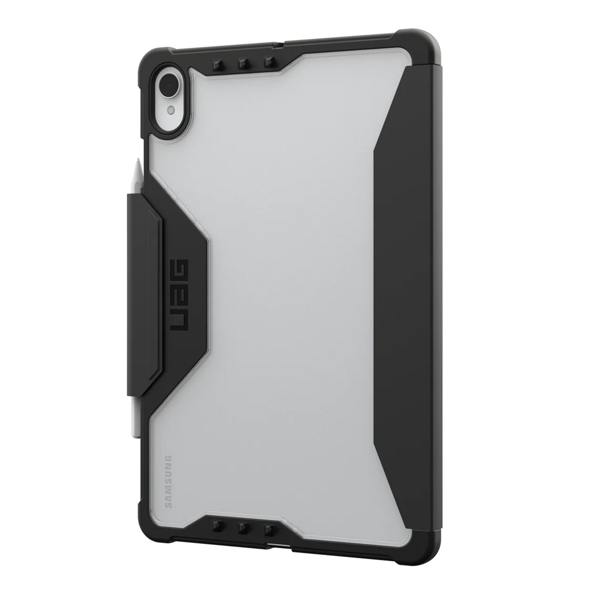 Black tablet case with a clear back and stylus holder.