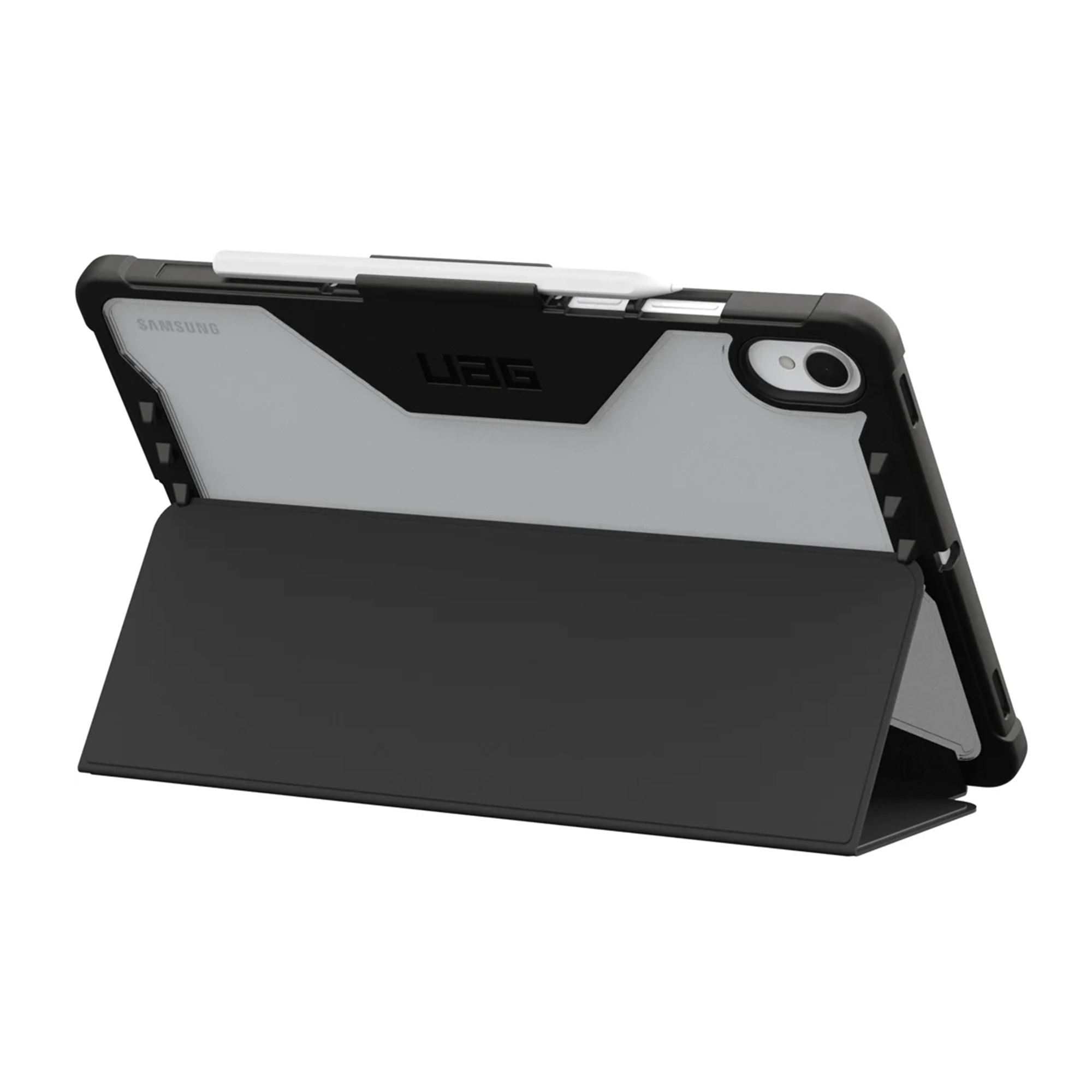 A black tablet case with a Samsung tablet and stylus, propped up.