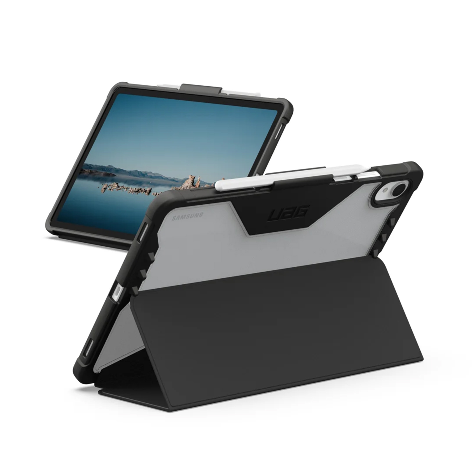 A black tablet in a protective case with a stand, displayed on a white background.
