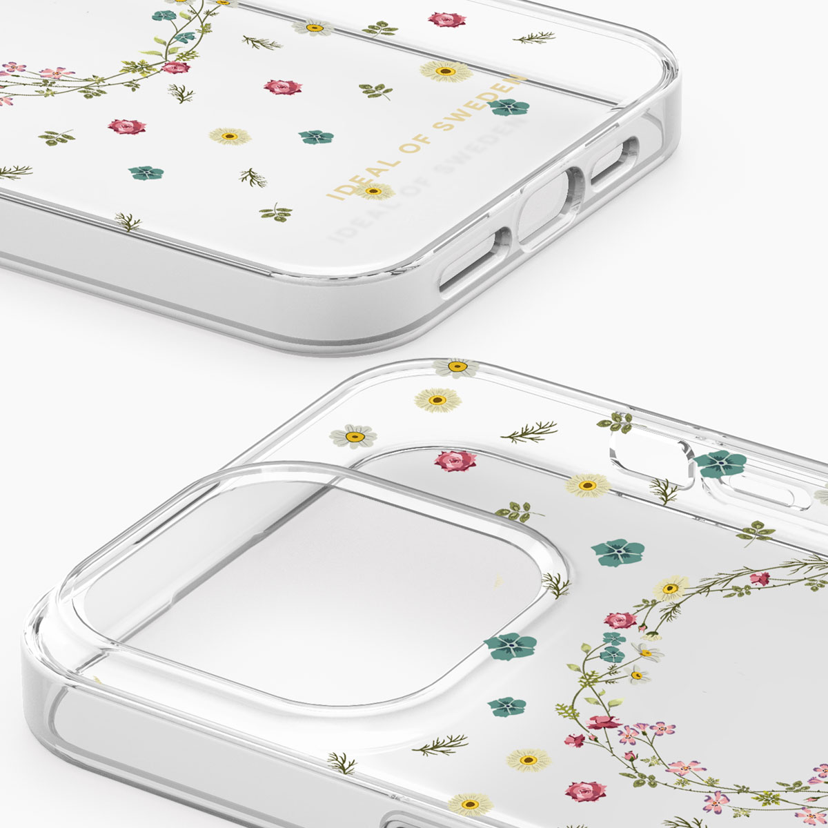 Transparente Handyhüllen mit Blumenmuster und "IDEAL OF SWEDEN" Aufdruck.
