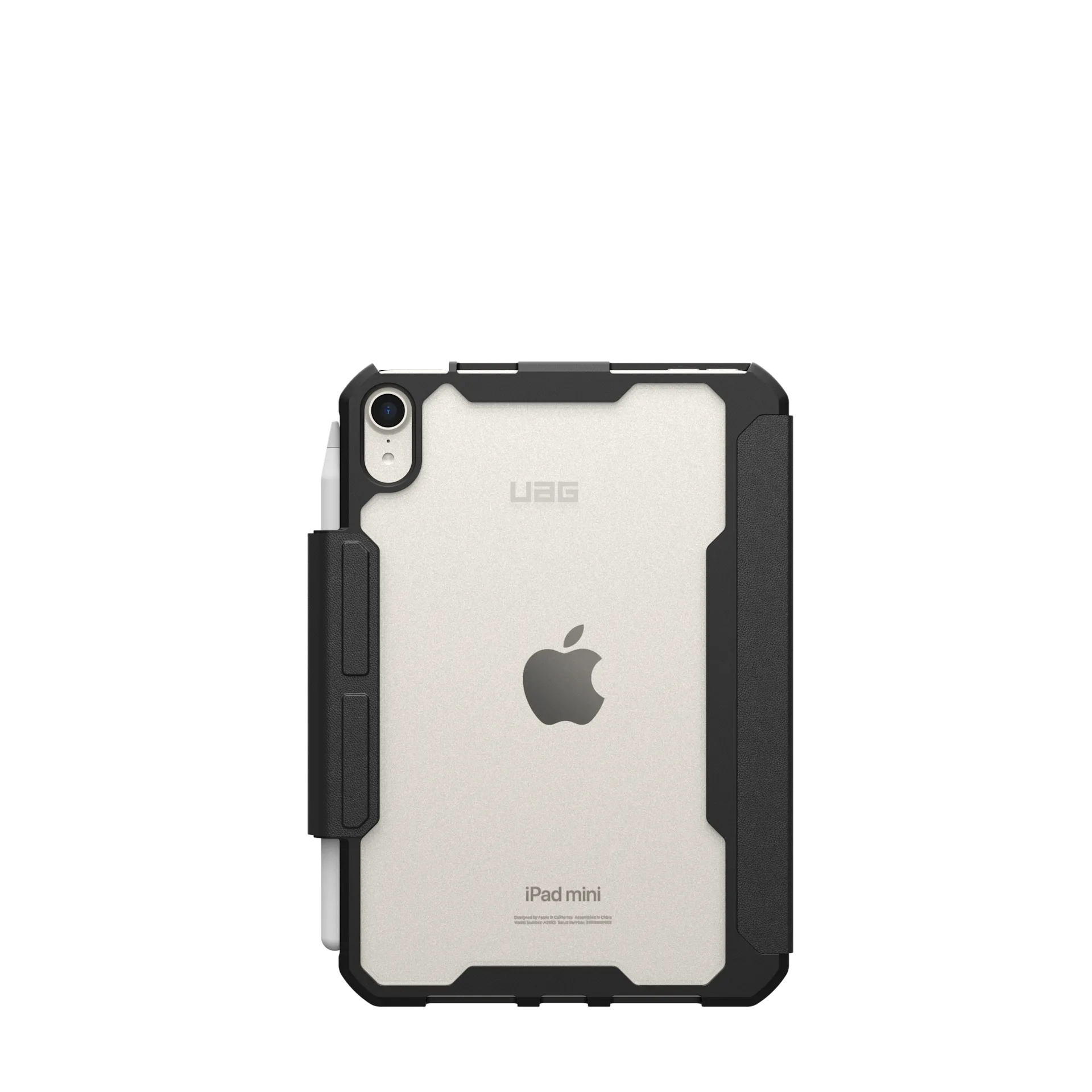 iPad mini in een zwarte UAG hoes met witte stylus en Apple logo.