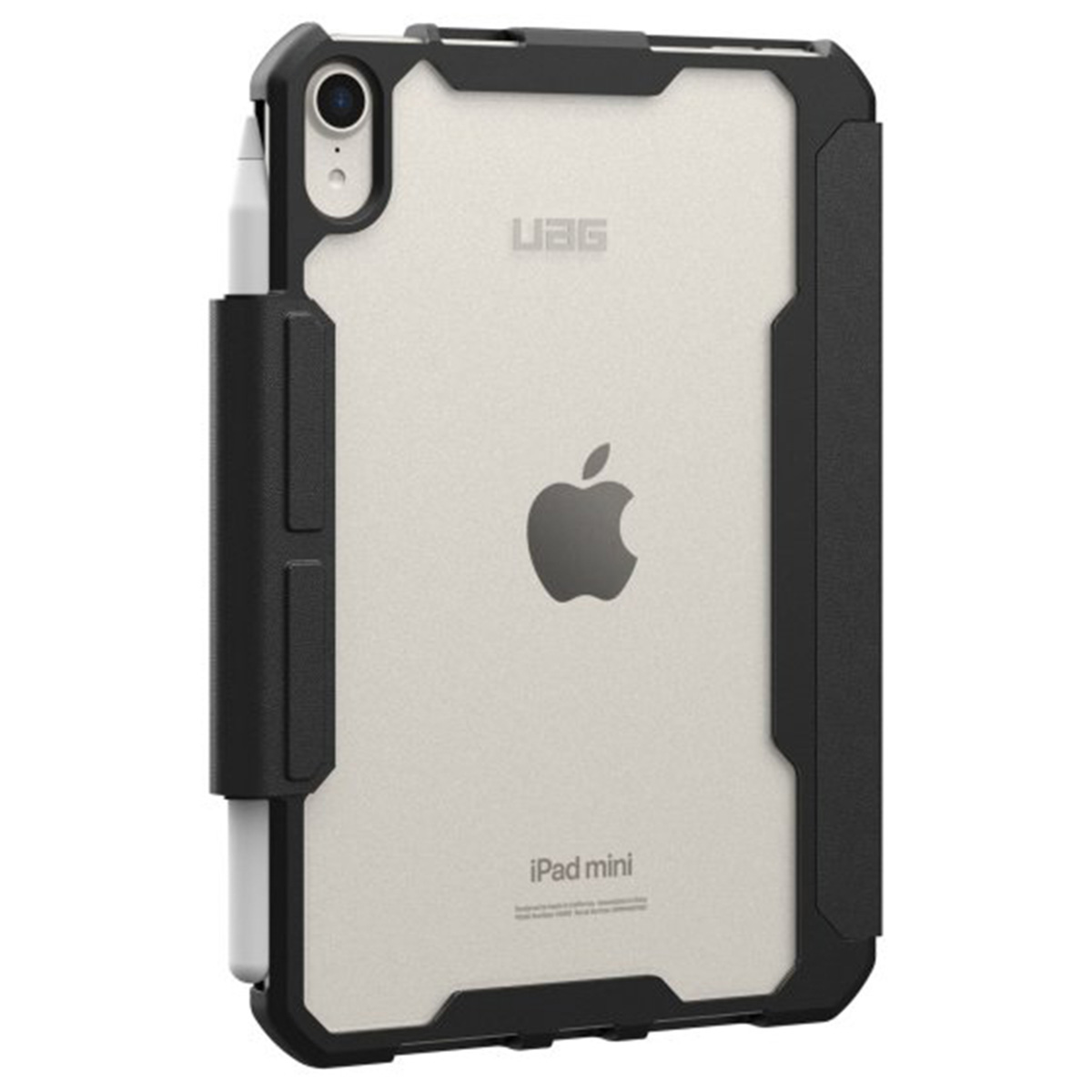 Zwarte hoes voor iPad Mini met Apple-logo en penhouder.