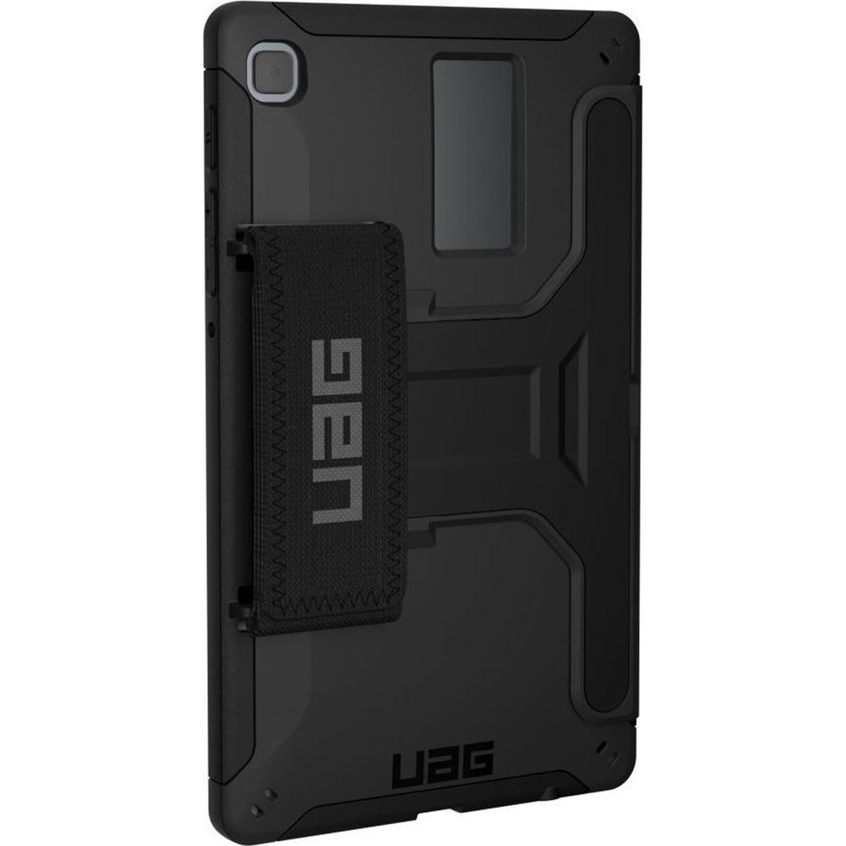 Black tablet case with UAG logo and hand strap.