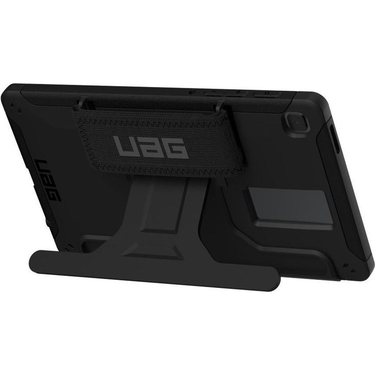 Black tablet in a UAG protective case with an integrated stand.
