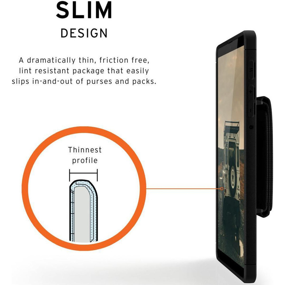 Slim phone case shown with a diagram of its thin profile.
