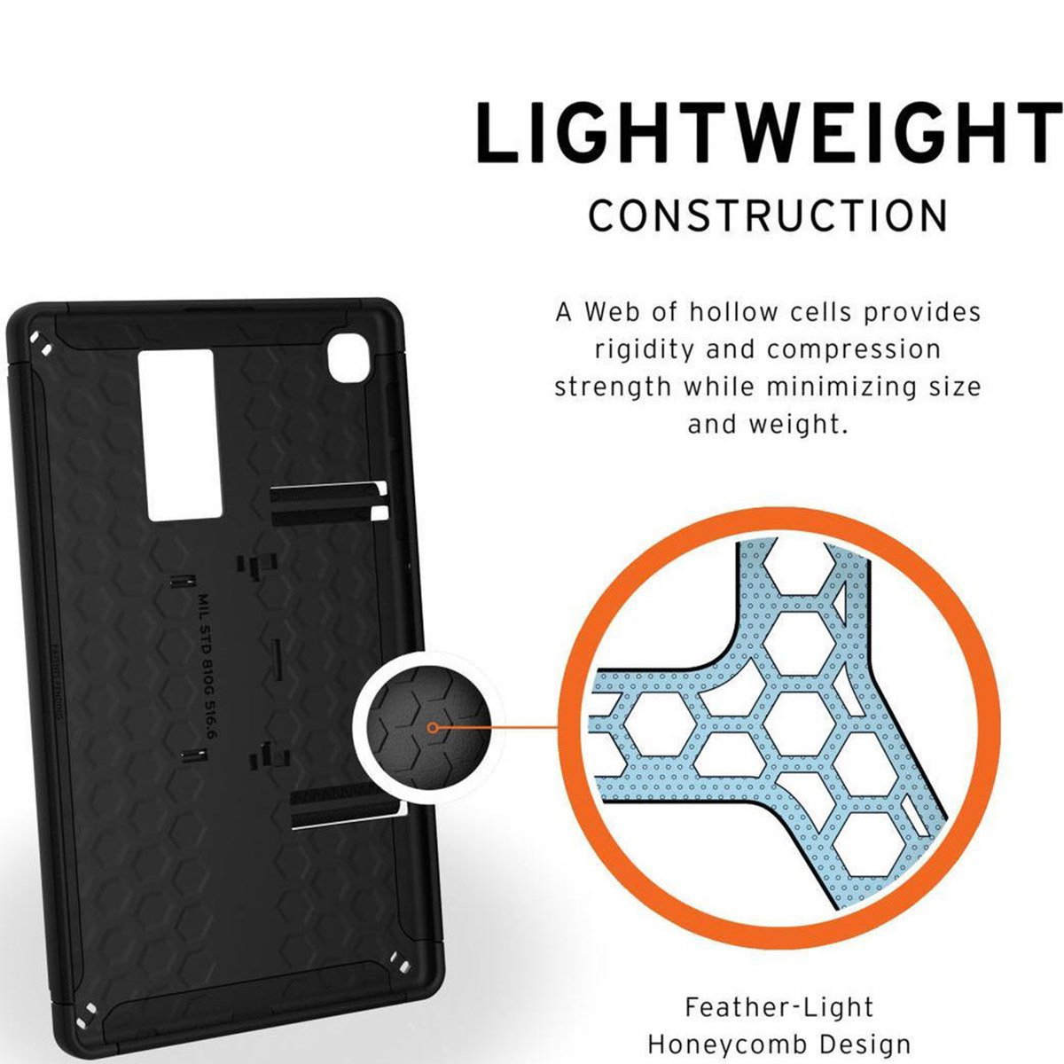 Black case with honeycomb design and close-up of cell structure.
