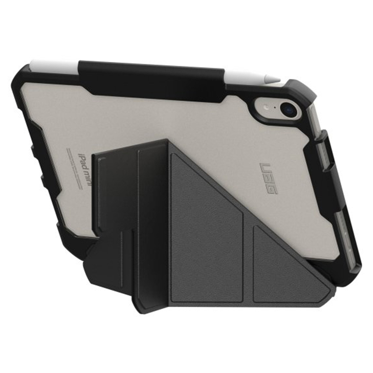 Een iPad Mini in een zwarte UAG-hoes met ingebouwde standaard.