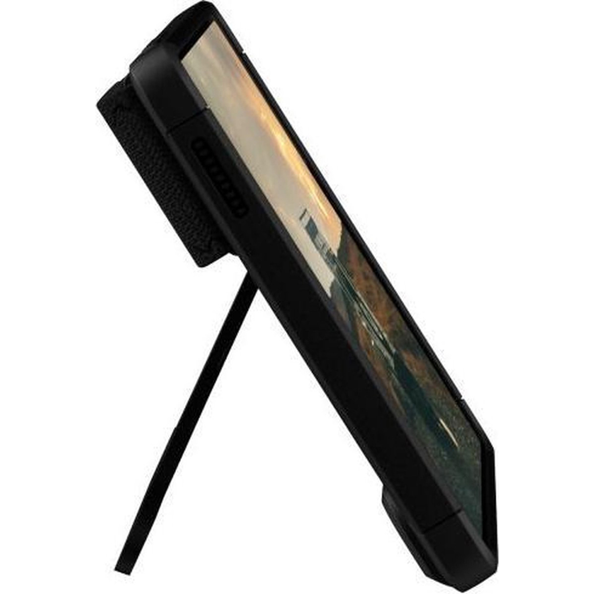 A black phone with a kickstand, displayed on a surface.