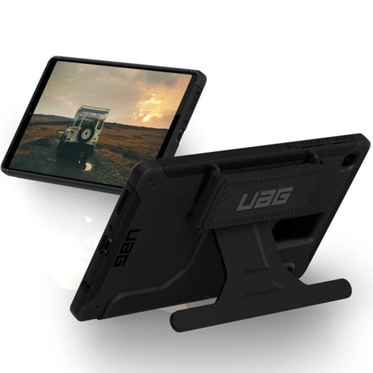 Black tablet case with a kickstand and an image of an off-road vehicle on screen.
