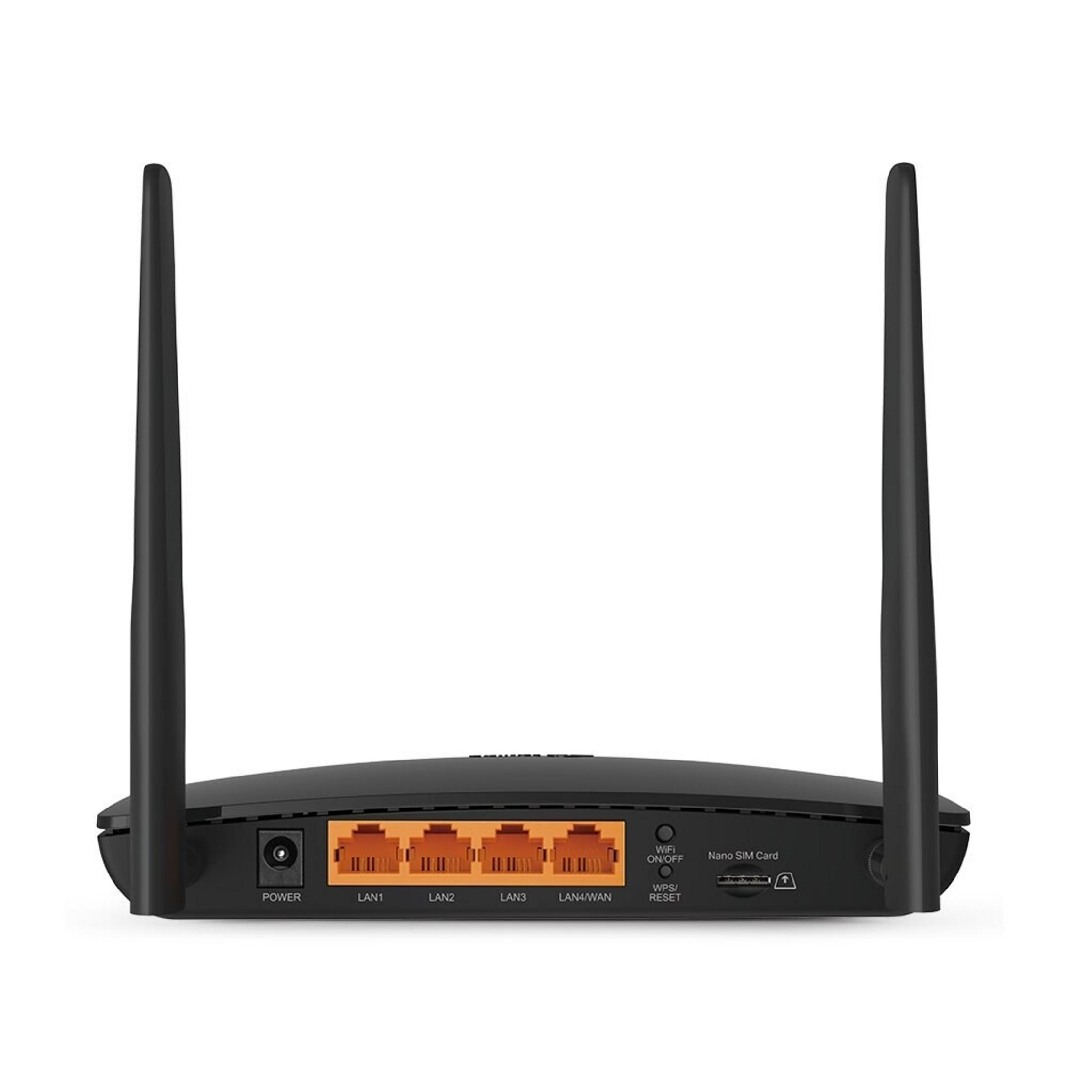 Router nero con due antenne, porte LAN e slot per scheda SIM.