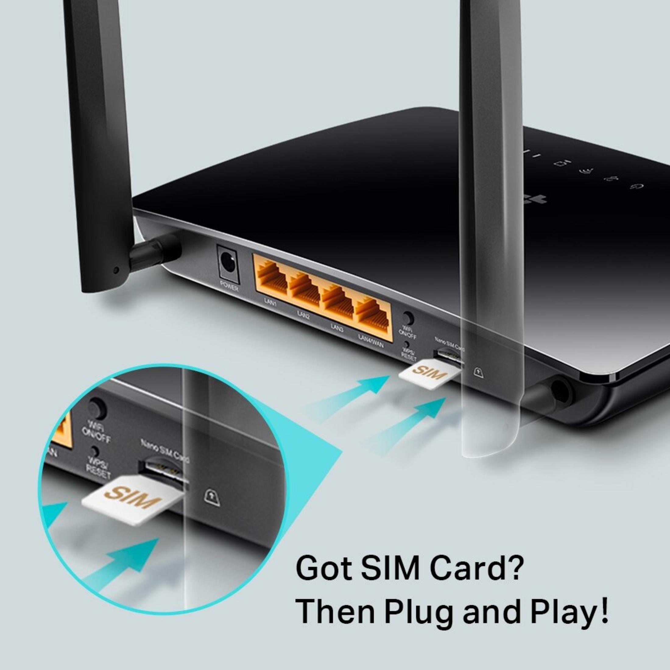 Un router nero con una SIM card inserita. Porte e LED visibili.